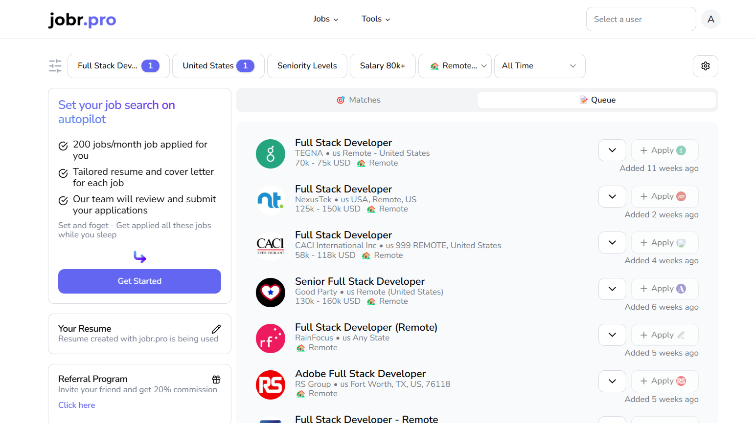 A job automation dashboard with resume tools and job board integrations