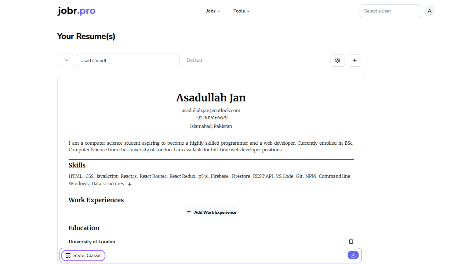 A job automation dashboard with resume tools and job board integrations
