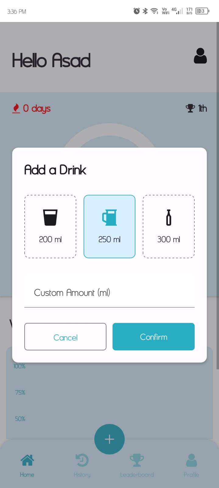 A mobile hydration tracking app interface with charts and user stats