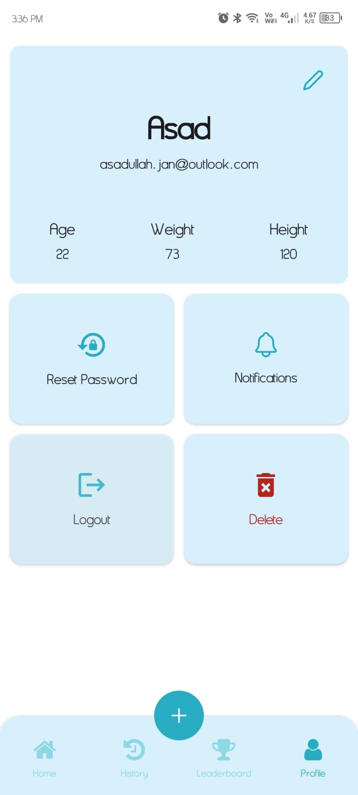 A mobile hydration tracking app interface with charts and user stats